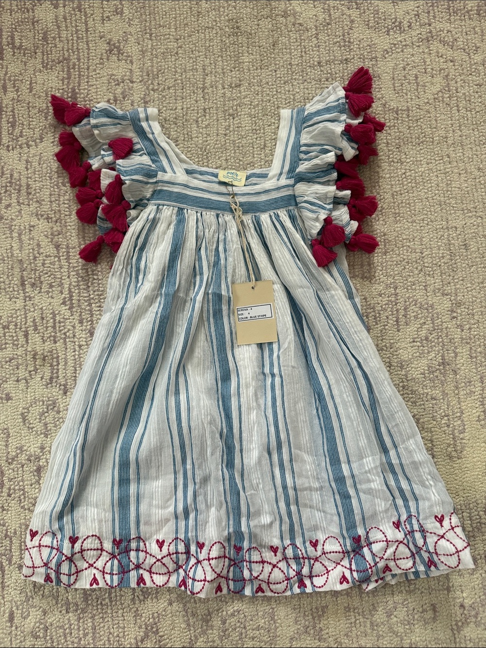 Mer Blue-and-White Striped Cotton Dress with Pink Tassels and embroidery